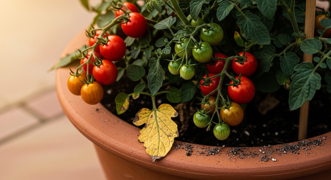 Compact cherry tomato plant in terracotta pot with ripening fruit