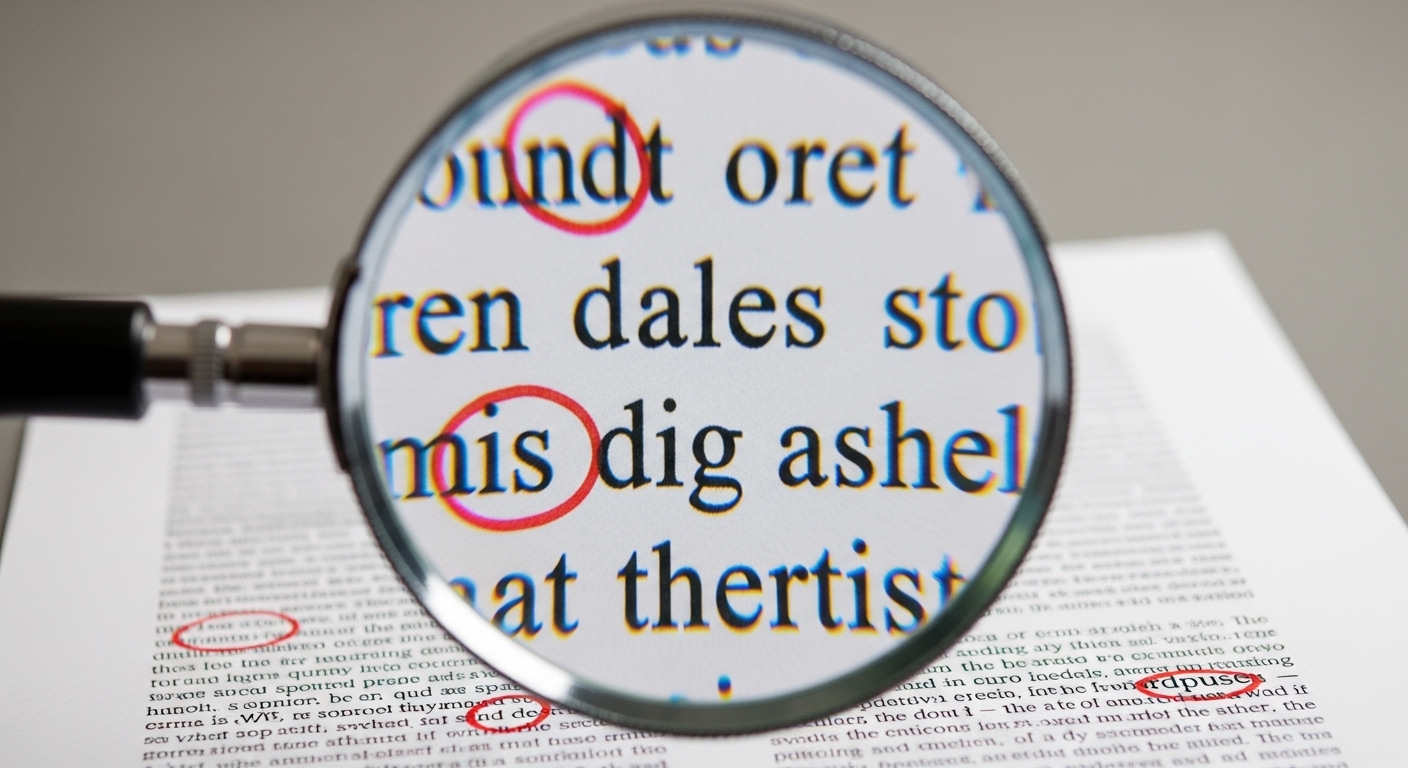 Magnifying glass examining printed text with errors circled