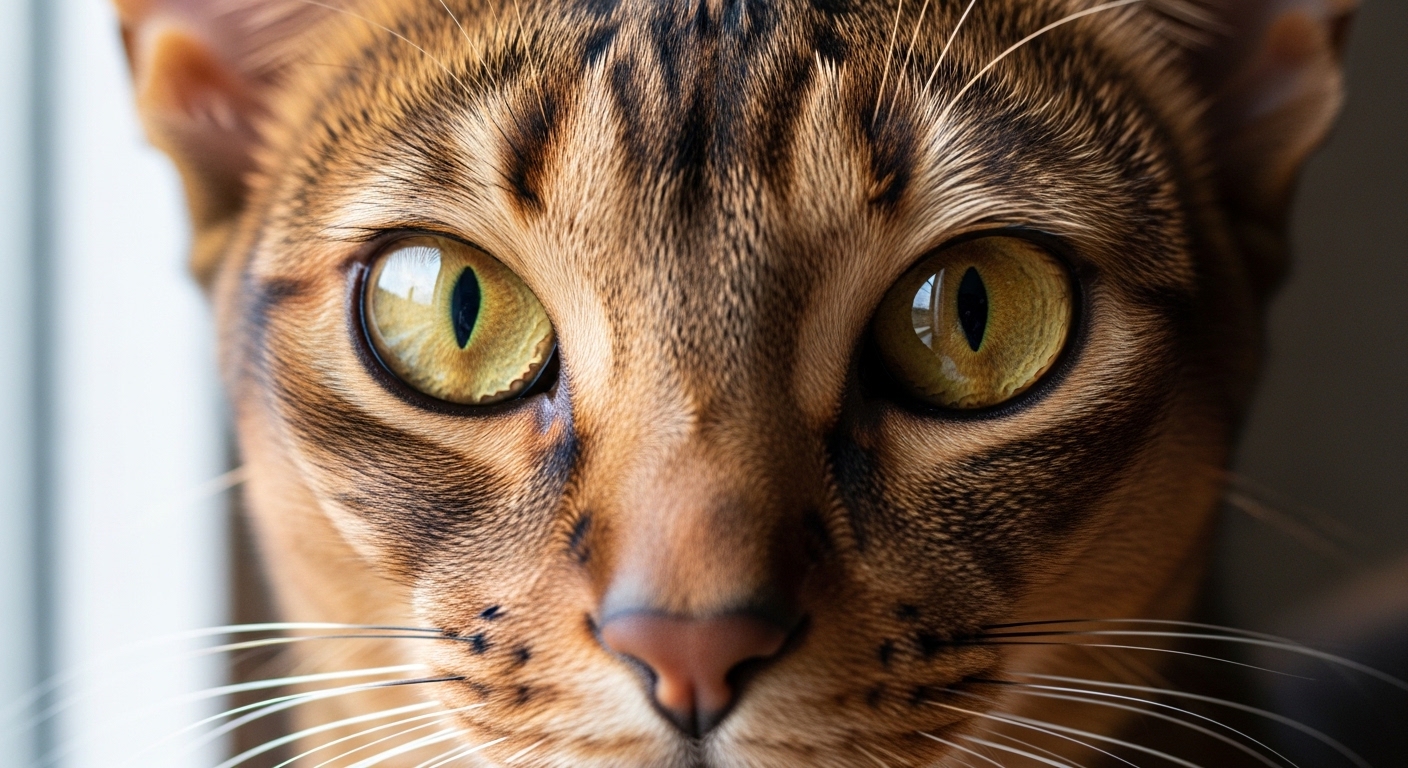 Close-up of Abyssinian cat face with amber eyes and ticked coat