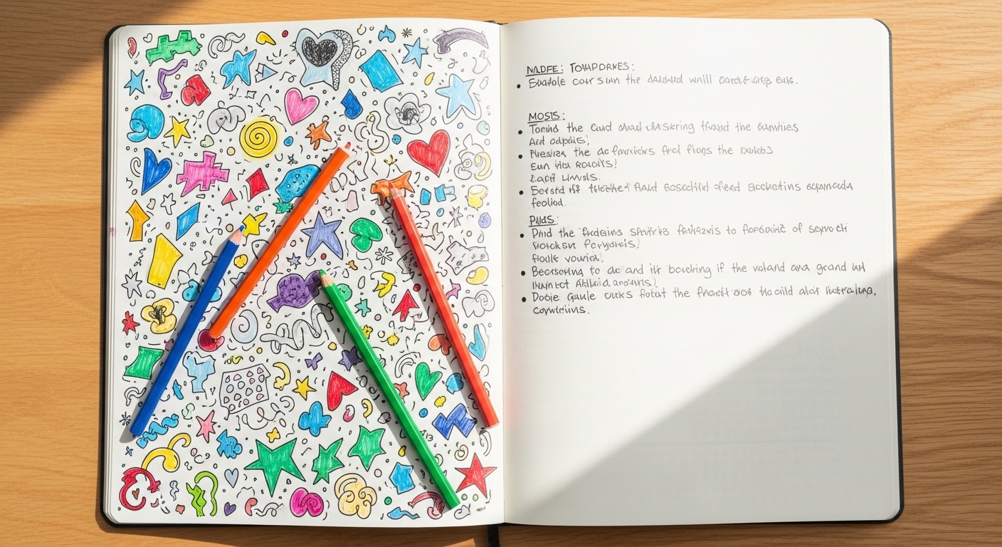 Caderno aberto com rabiscos coloridos e anotações manuscritas
