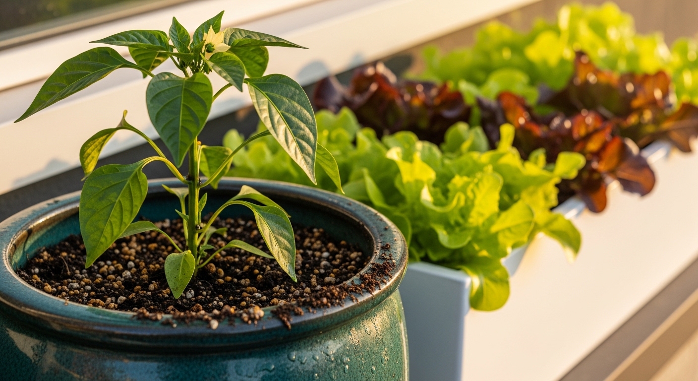 Pepper plant in glazed pot beside lettuce window box on patio ledge