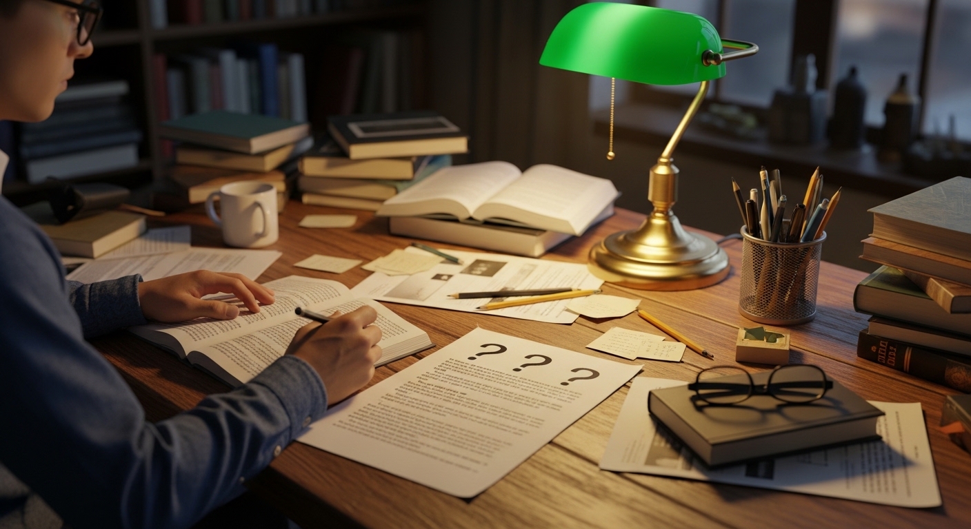 Researcher checking facts at desk with books