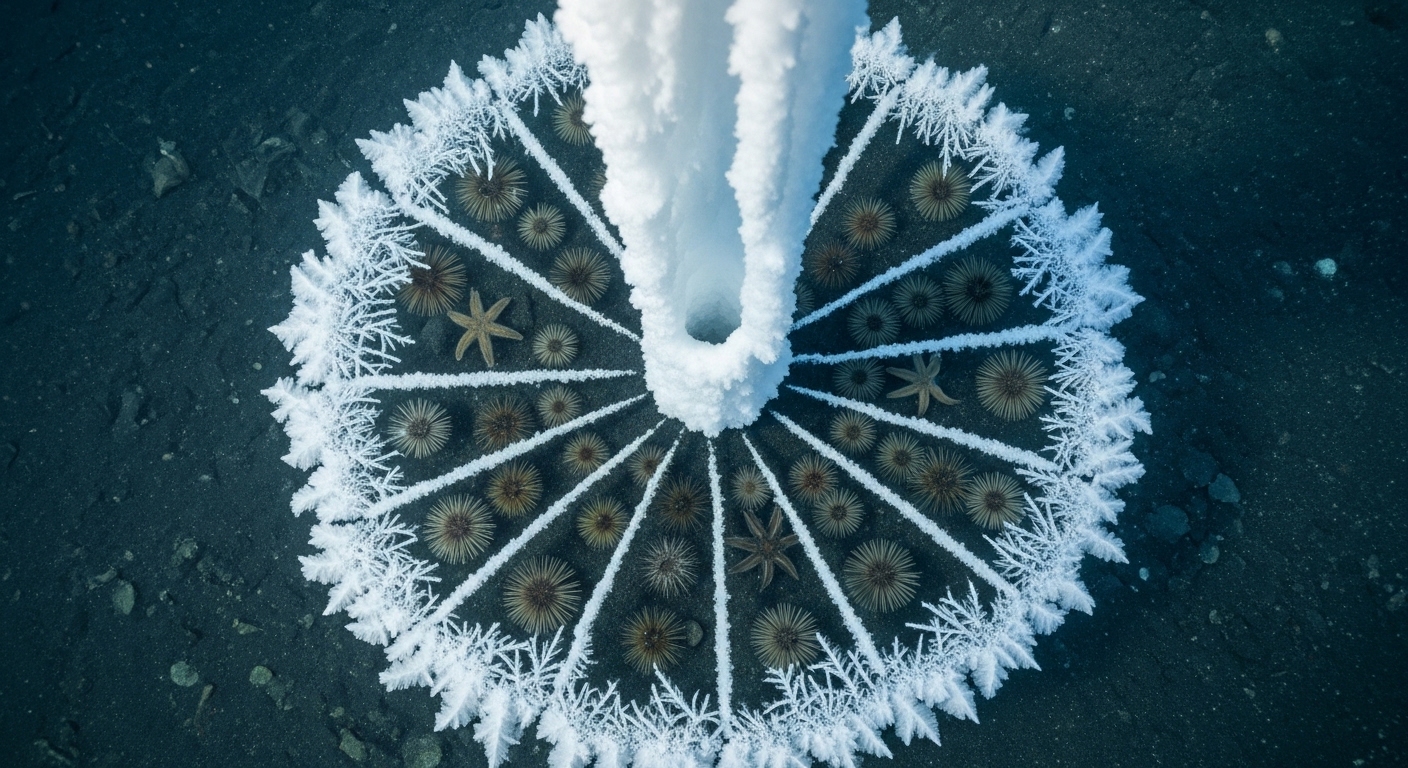 Overhead view of brinicle touching seafloor with frozen creatures