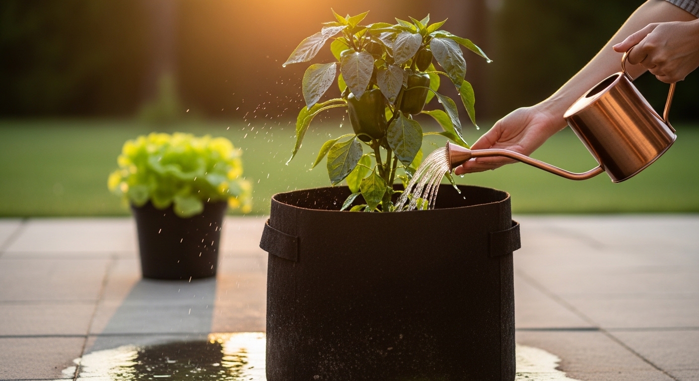 Watering pepper plant in fabric grow bag with copper watering can