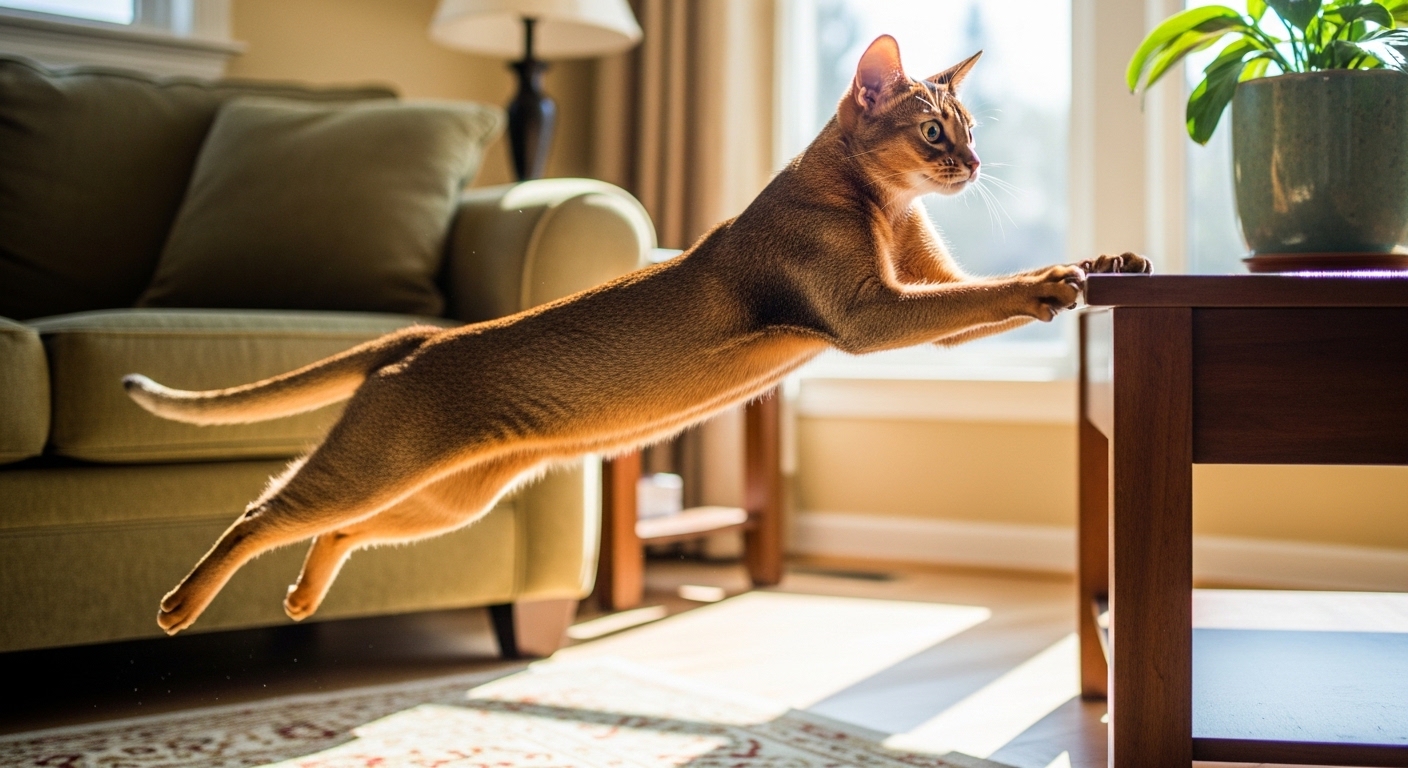 Abyssinian cat leaping between furniture in a bright living room