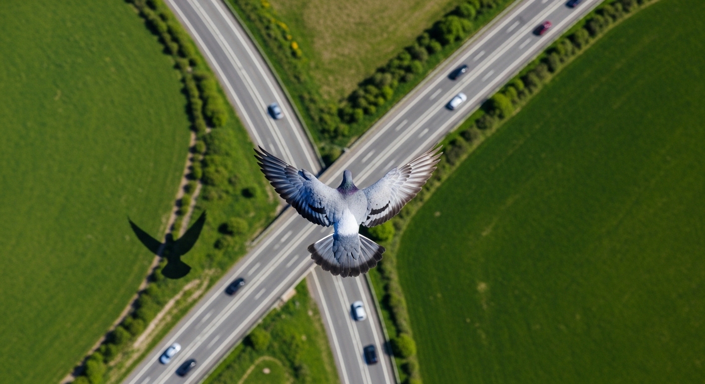 Paloma volando sobre autopista vista desde arriba