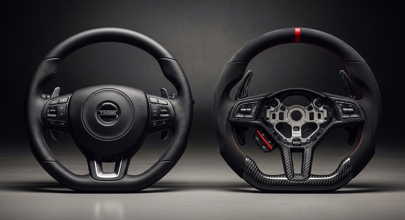Two steering wheels representing different car types side by side