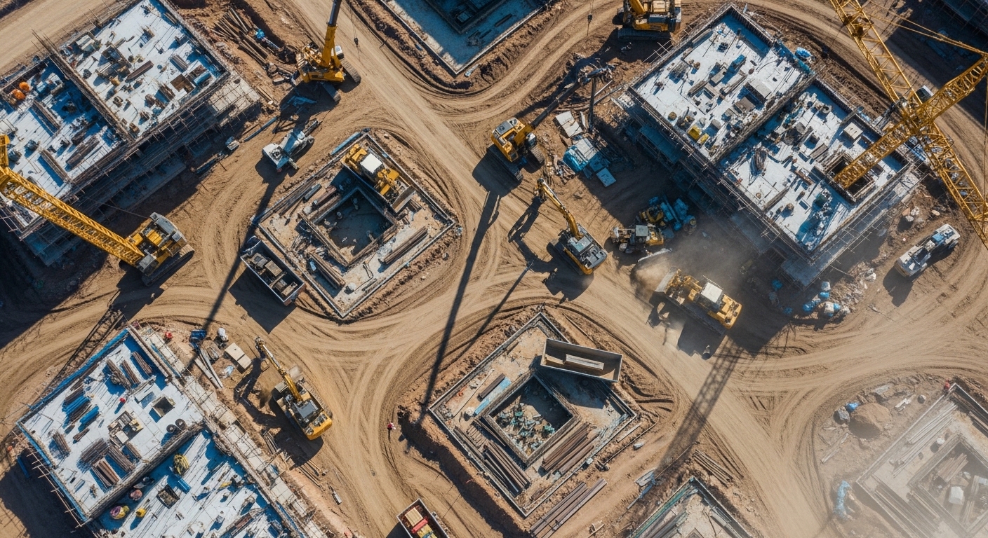 Vista aérea de canteiro de obras com veículos autônomos
