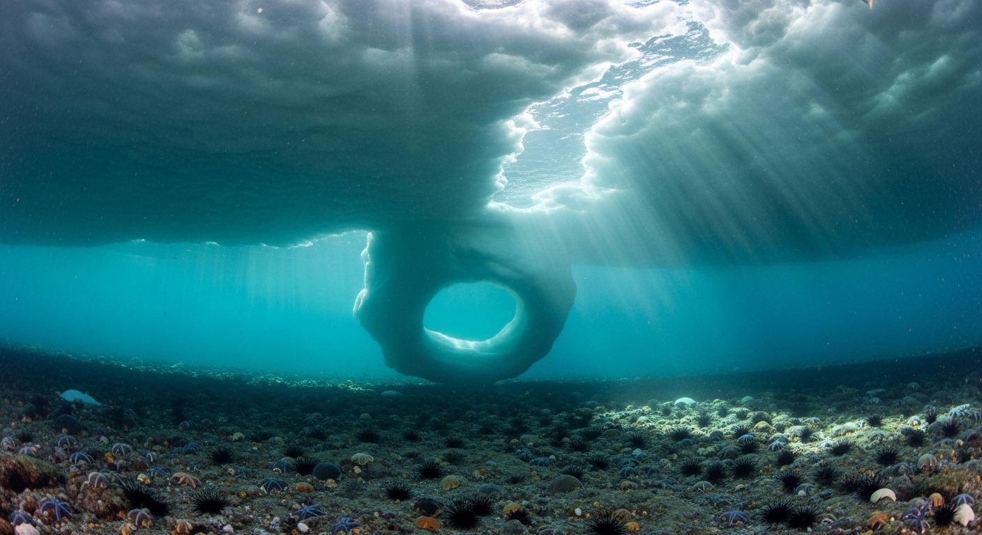 Antarctic underwater scene with brinicle and sea life