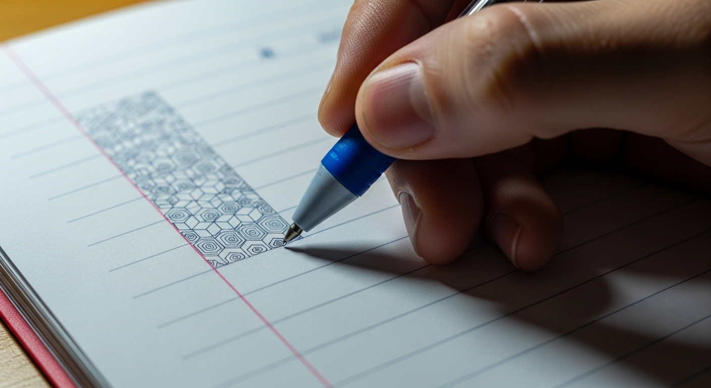 Mão desenhando padrões geométricos na margem de caderno