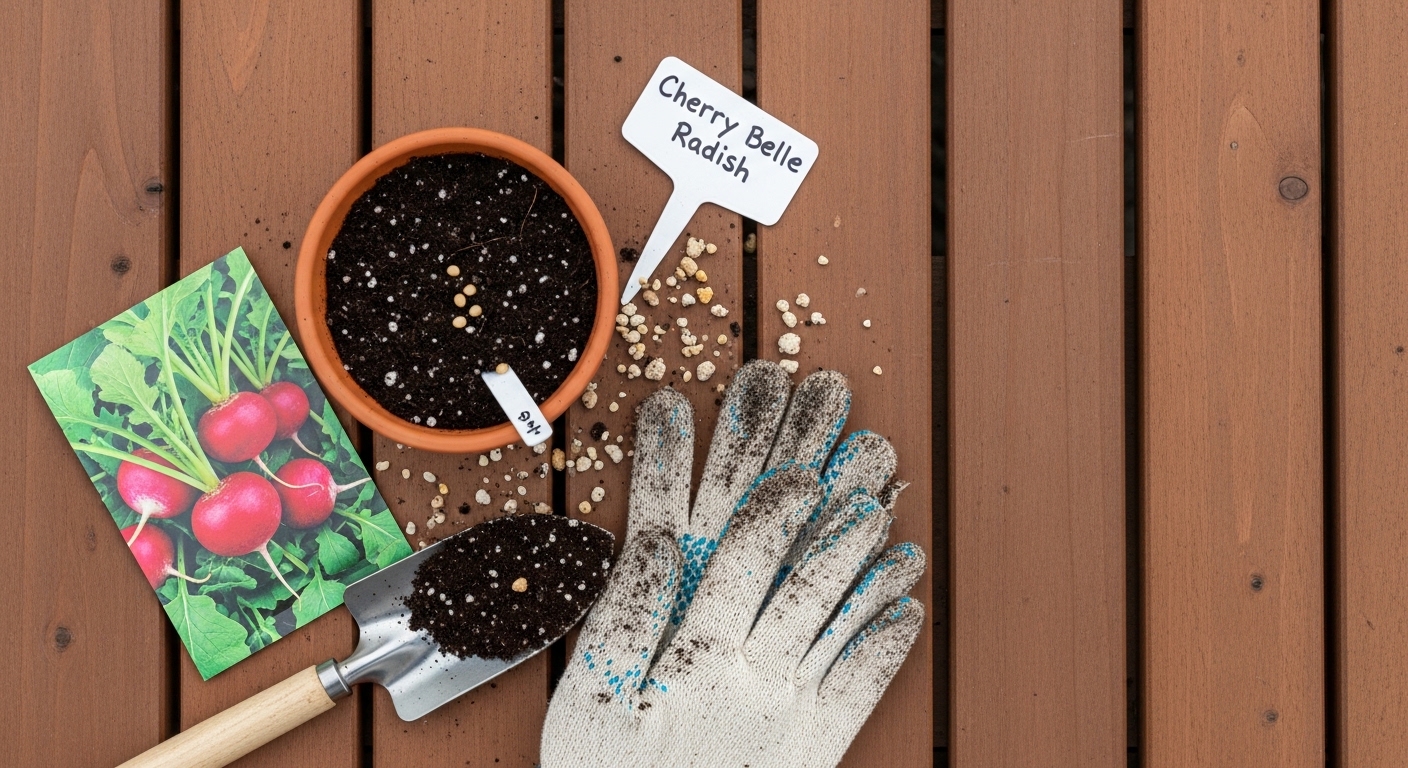 Flat-lay of radish seed sowing setup on wooden patio decking