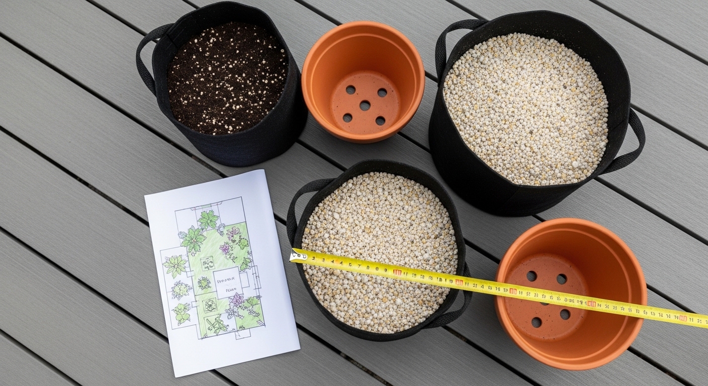 Overhead view of patio pots and fabric grow bags with planting plan