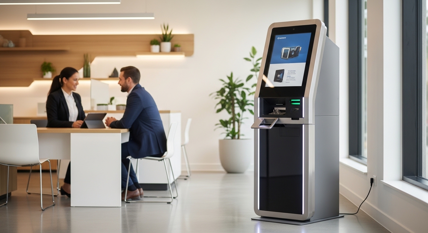 Máy ATM và nhân viên tư vấn ngân hàng trong chi nhánh hiện đại