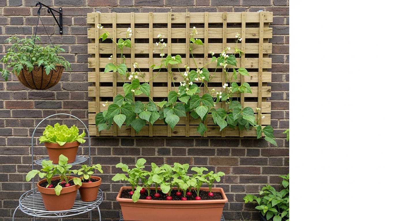 Patio trellis with climbing beans, tiered stand, and hanging tomato basket