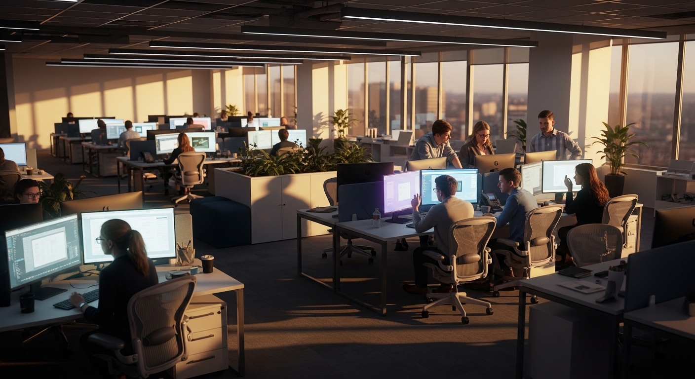 Modern office with half empty desks and workers at screens