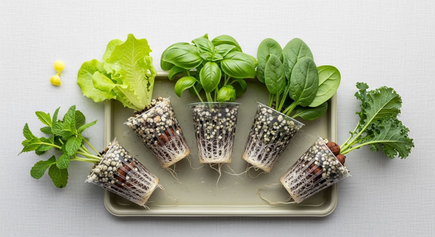 Five hydroponic starter plants in net cups flat-lay overhead