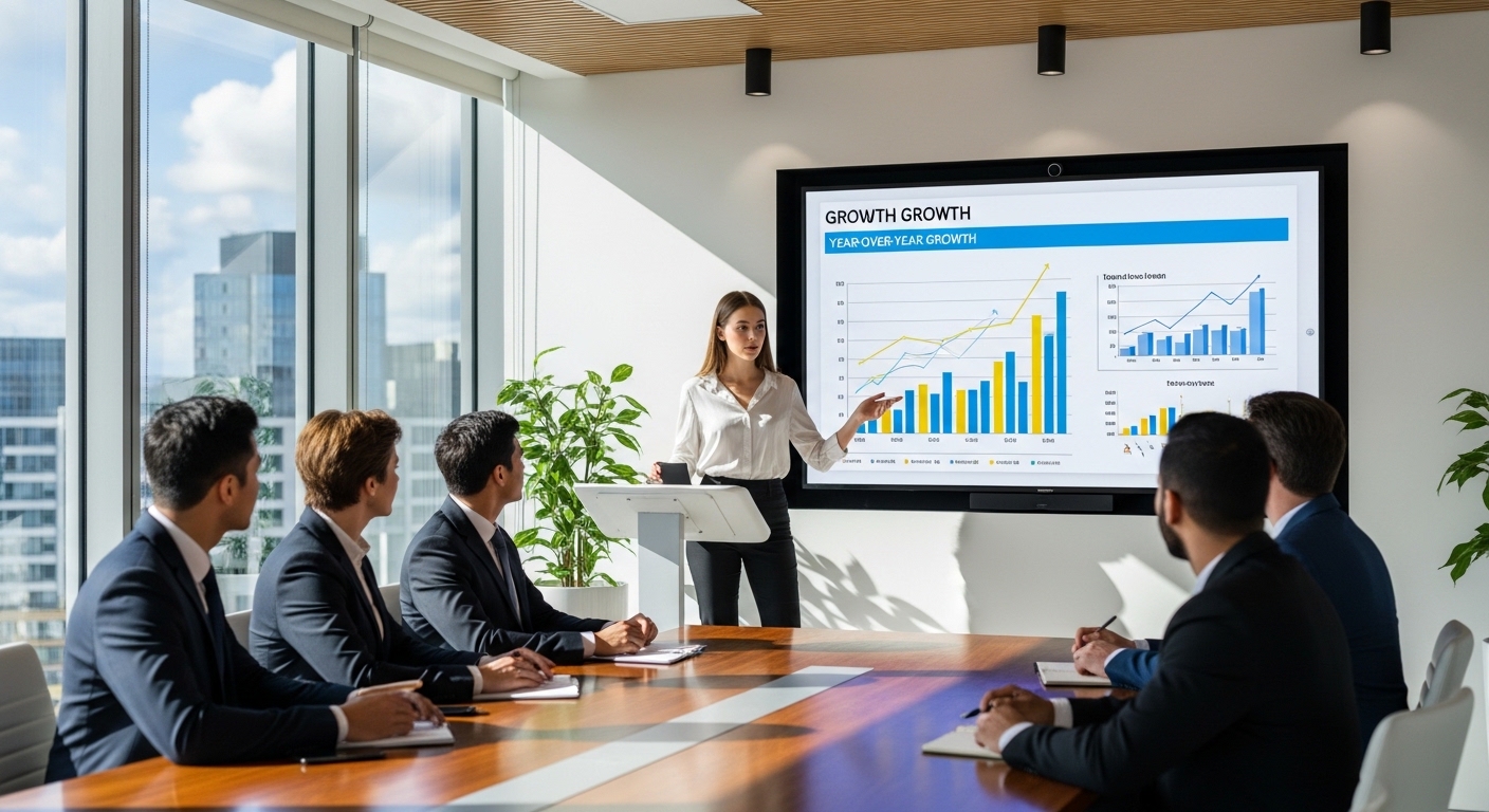 Entrepreneur presenting startup growth data to investors