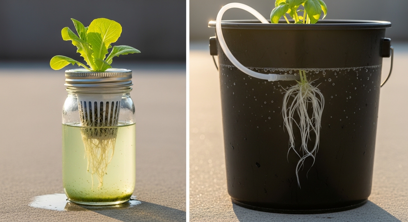 Kratky jar and DWC bucket hydroponic systems side by side