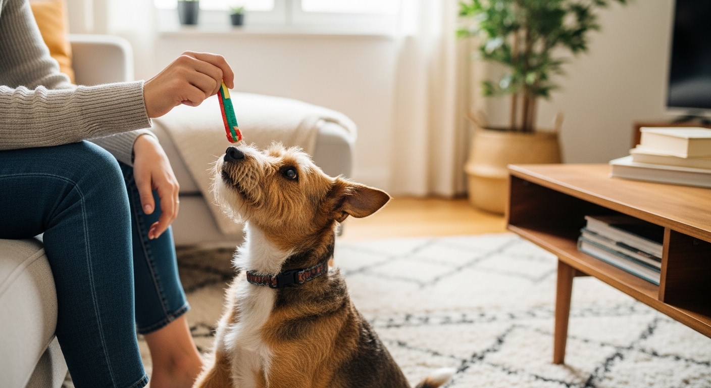 person redirecting terrier from feet using chew toy