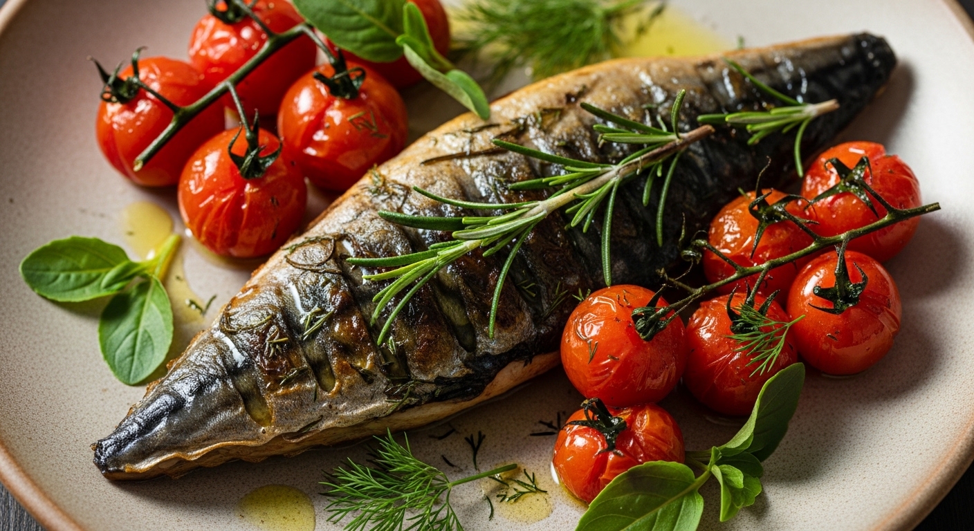 Ikan kembung panggang dengan tomat dan minyak zaitun