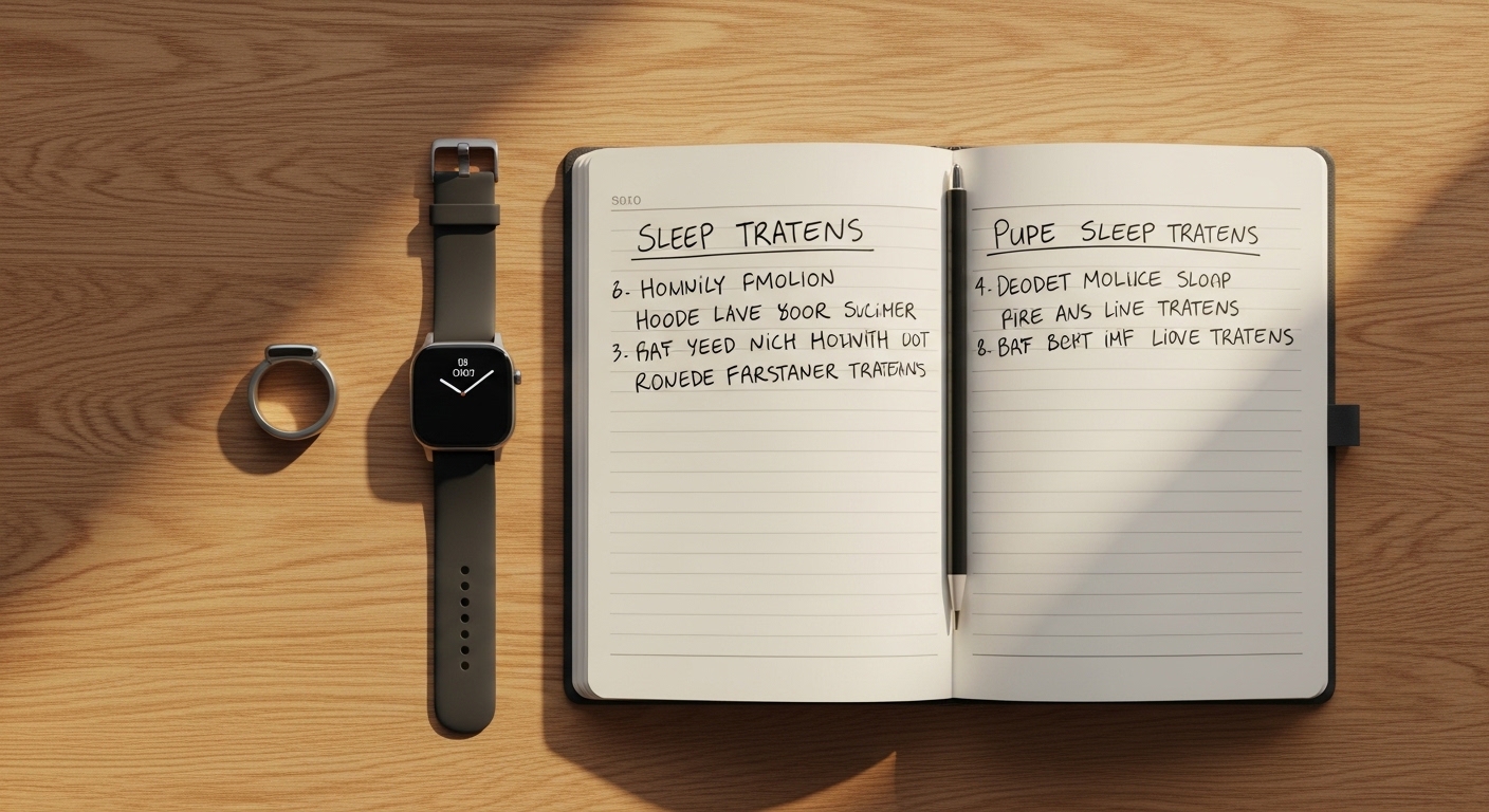 Smart ring, smartwatch, and sleep journal overhead flat lay