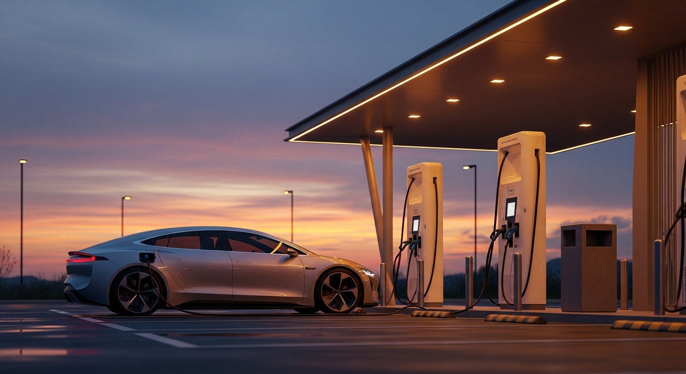 Coche eléctrico cargando al atardecer