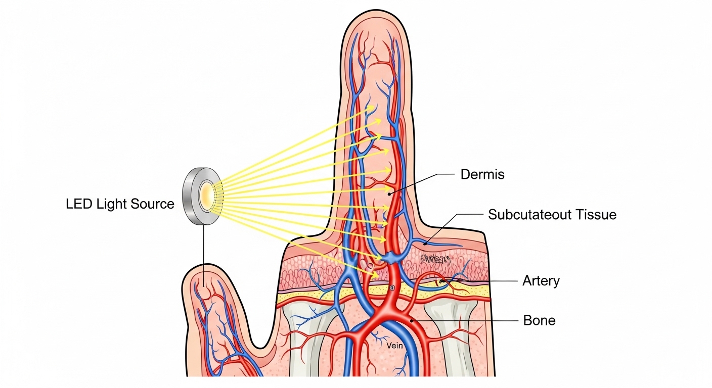 PPG sensor light passing through finger tissue diagram
