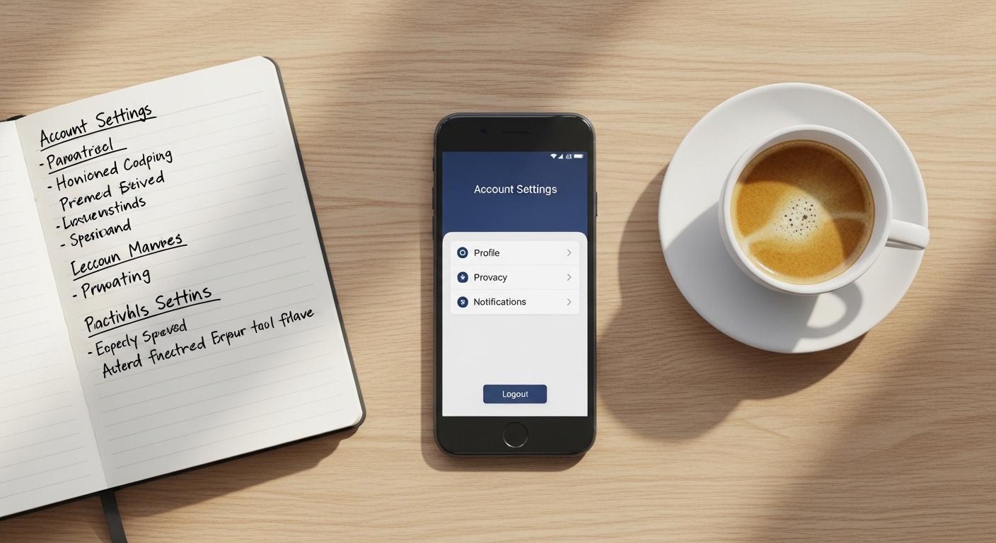Overhead desk shot with phone showing account settings