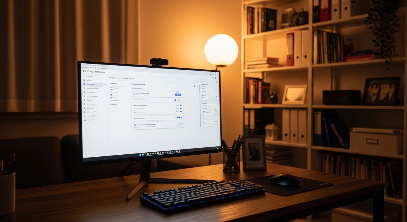 Home office with Google Workspace admin panel on screen