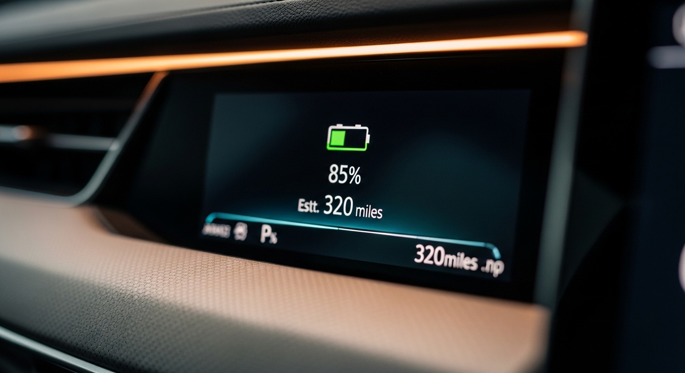 Tableau de bord électrique affichant niveau de batterie et autonomie