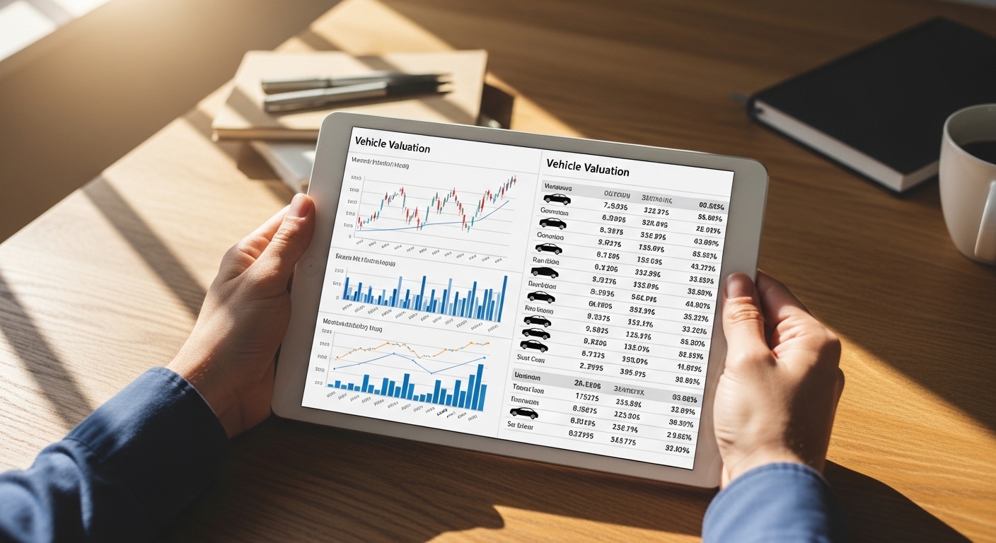 Mains tenant une tablette avec graphiques de valorisation automobile