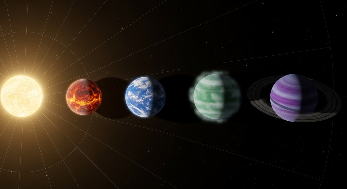 太陽系の内側4惑星と大気の違いを示すイメージ