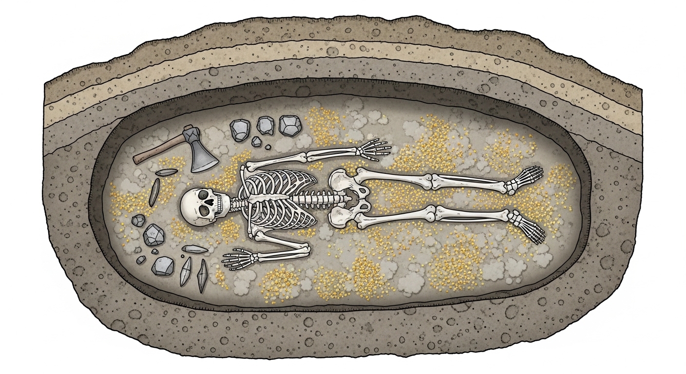 Diagrama de sepultamento pré-histórico com restos florais