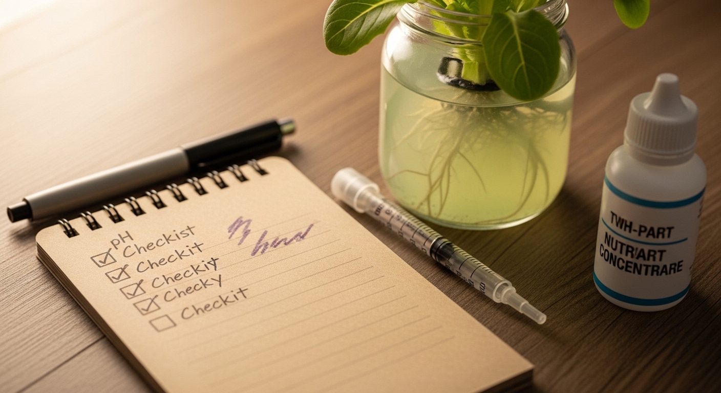 Hydroponic setup checklist notebook beside Kratky lettuce jar