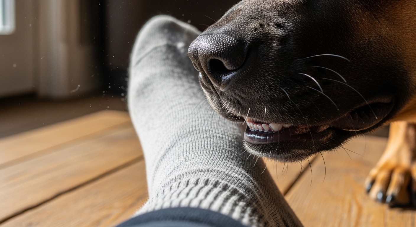 dog sniffing human foot on wooden floor in daylight