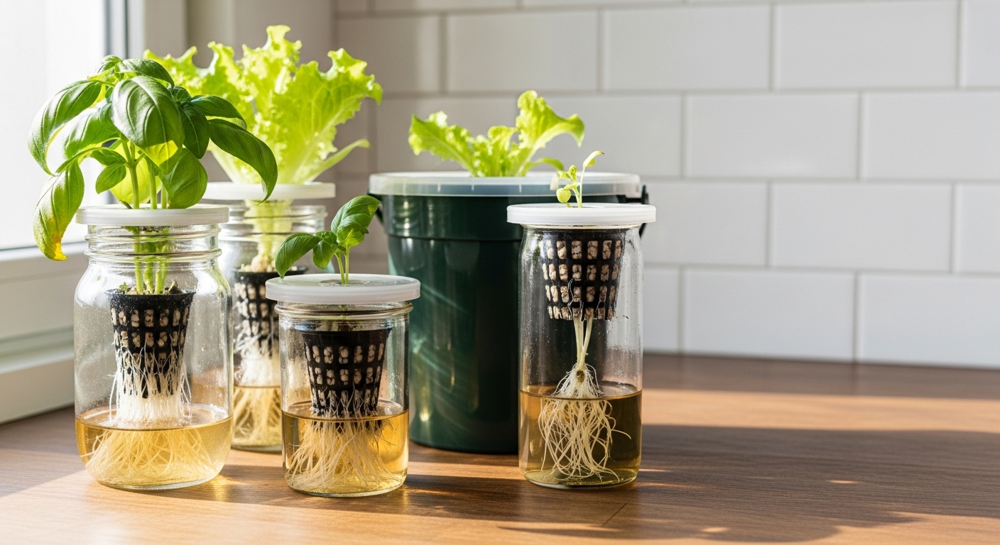 Home hydroponic jars with basil and lettuce on kitchen counter