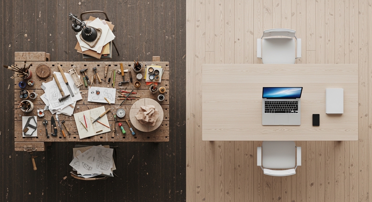 Overhead view contrasting artisan workshop and modern laptop desk