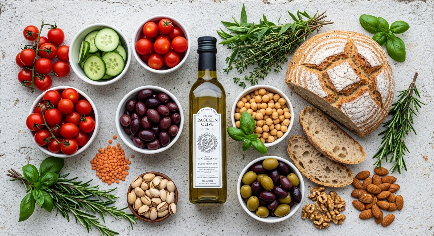 Bahan-bahan makanan Mediterania dilihat dari atas
