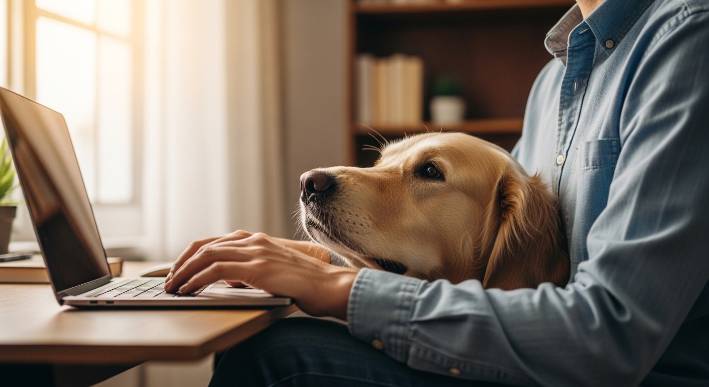 golden retriever resting head on owner's lap at desk