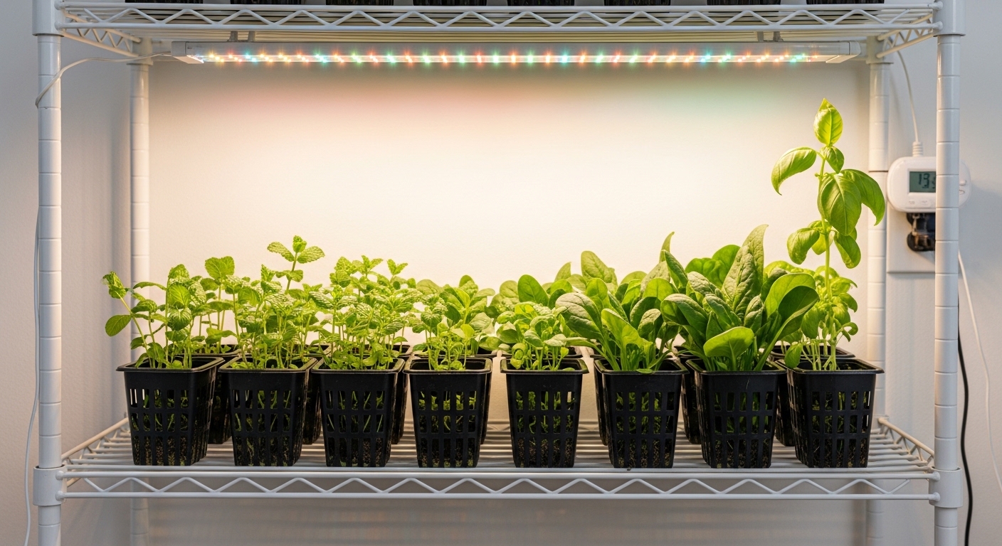 LED grow light shelf with basil mint and spinach hydroponics