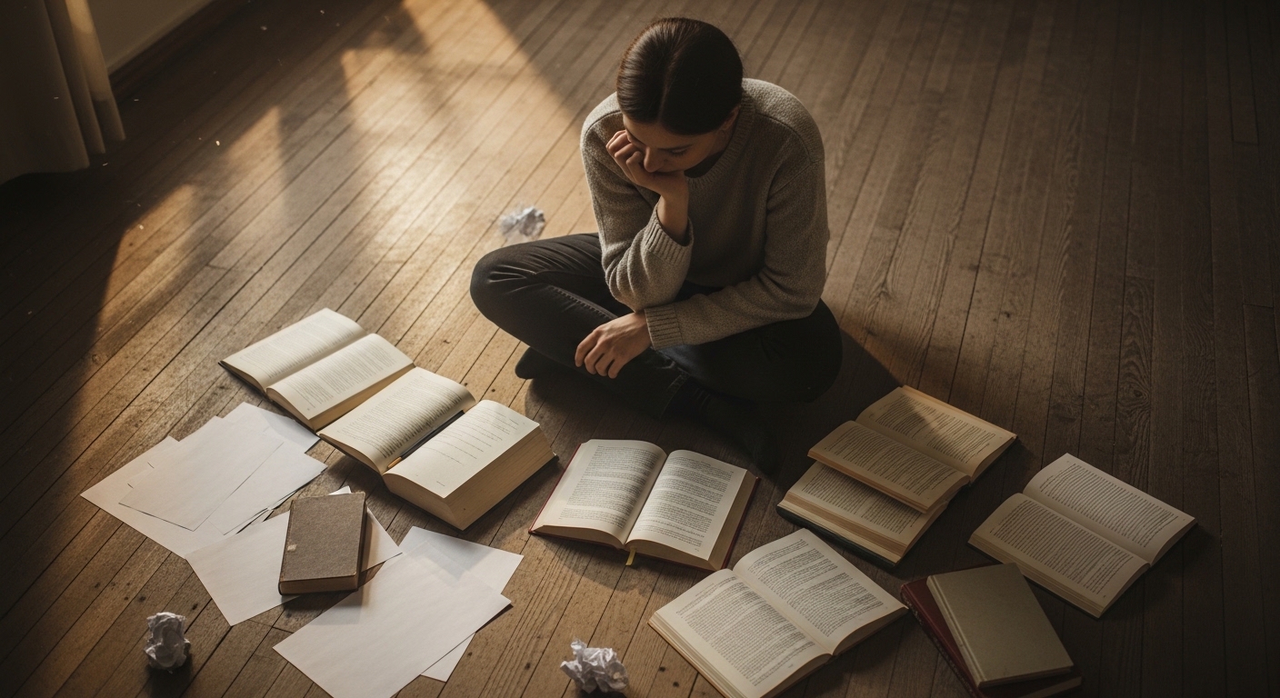 Person thinking surrounded by books and papers