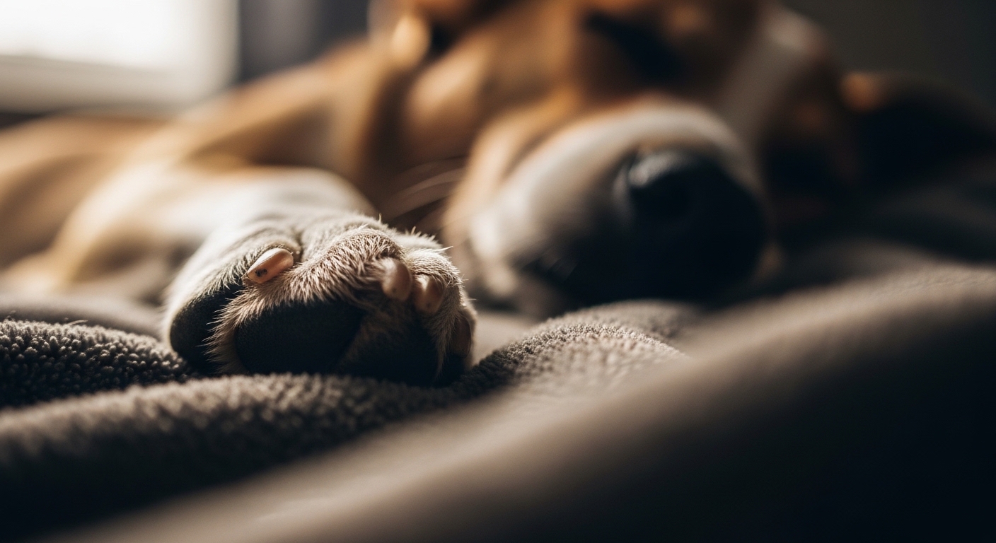Gros plan sur la patte d'un chien qui bouge en dormant