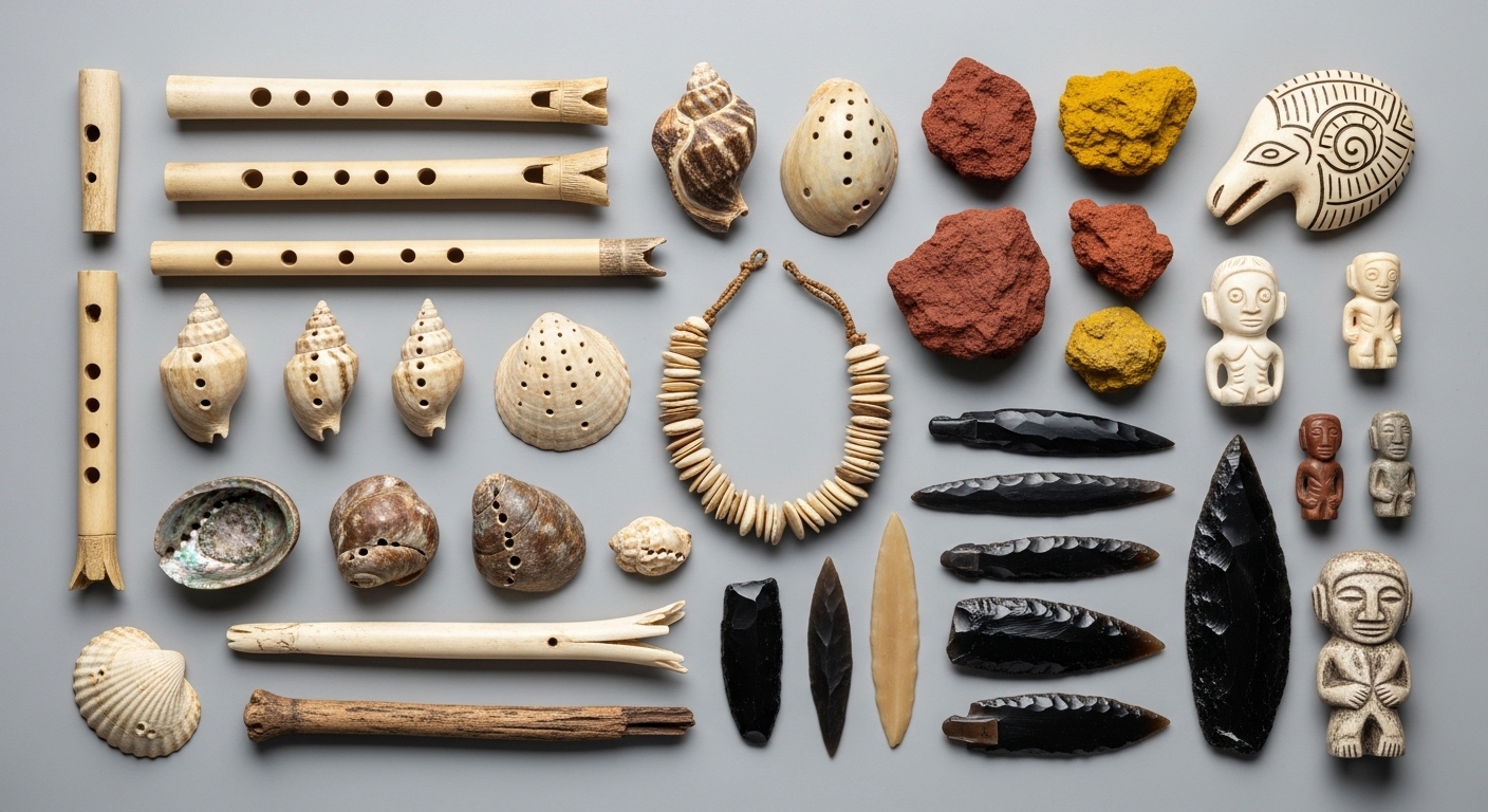 Artefatos pré-históricos variados vistos de cima