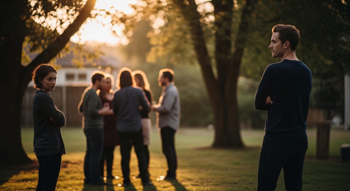 Person standing apart from a group outdoors