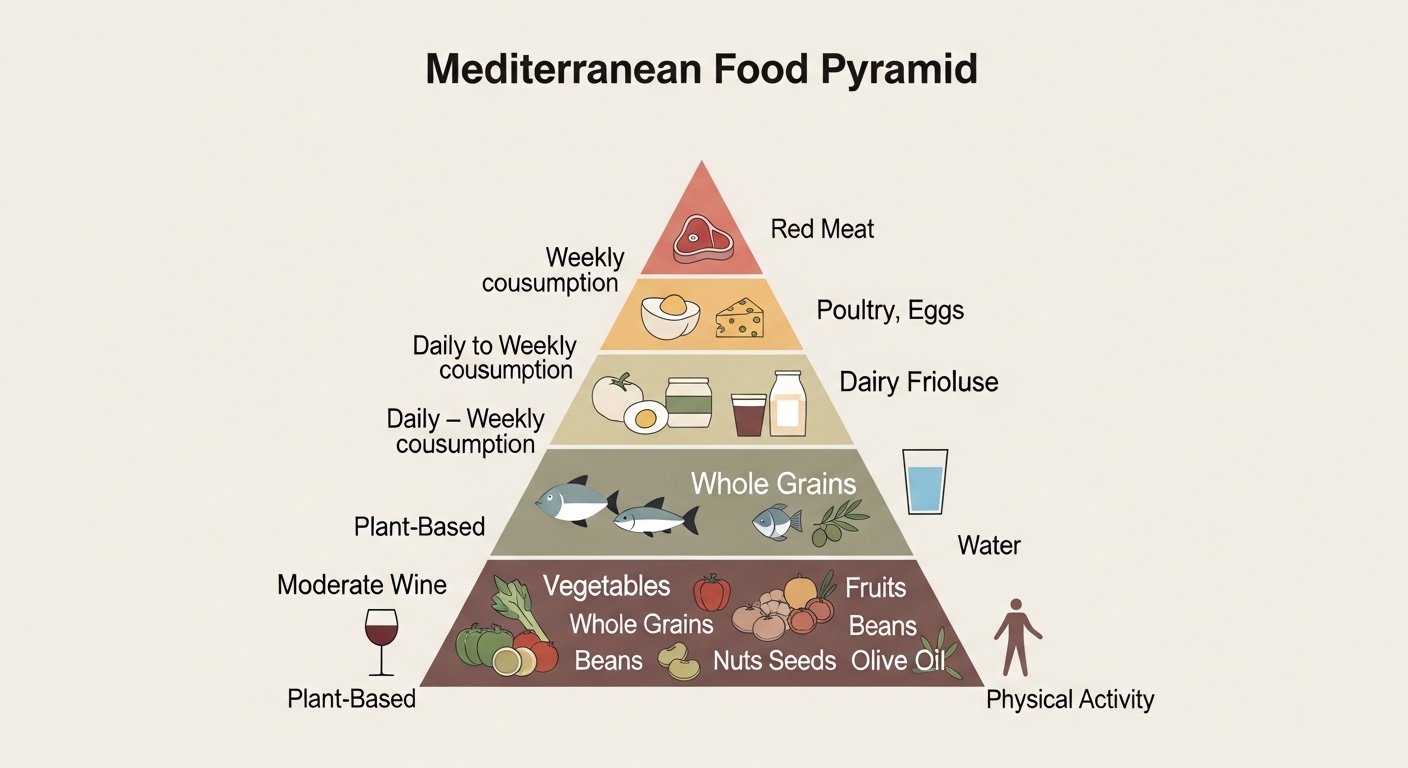 Piramida makanan diet Mediterania berlapis dari dasar hingga puncak