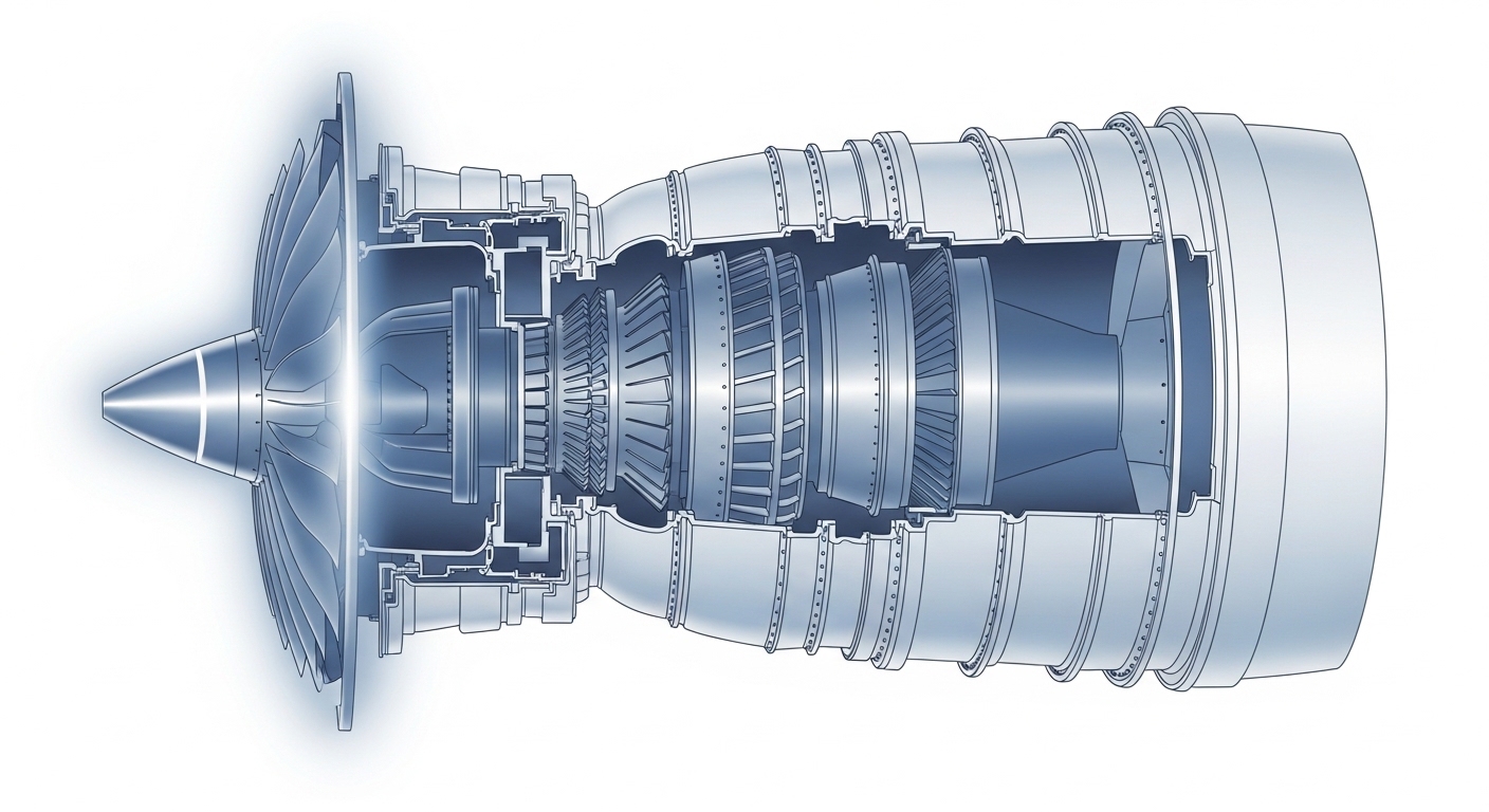Diagram penampang mesin turbofan dengan kerucut spinner