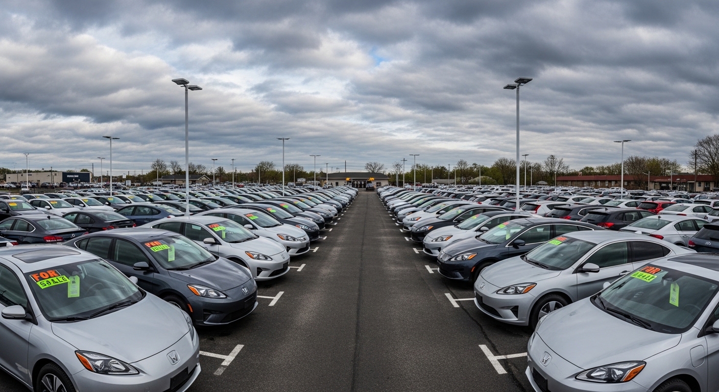 Parc de voitures électriques d'occasion sous ciel nuageux