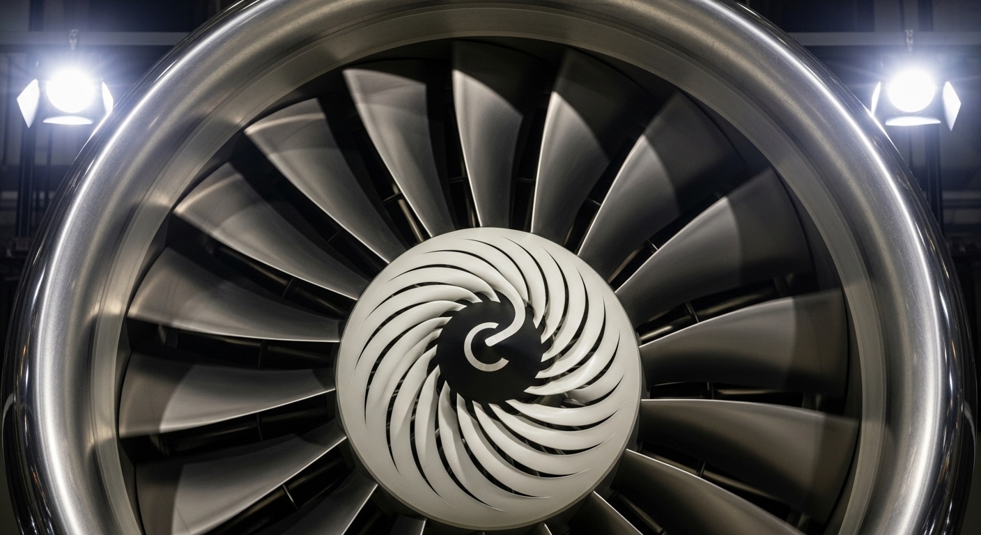 Detail spiral berputar di kerucut mesin turbofan