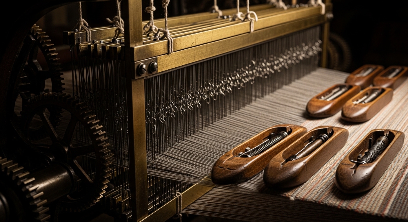 Close-up of vintage mechanical loom gears and threads