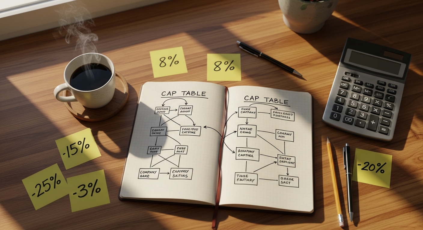 Cap table diagram in notebook on startup founder desk